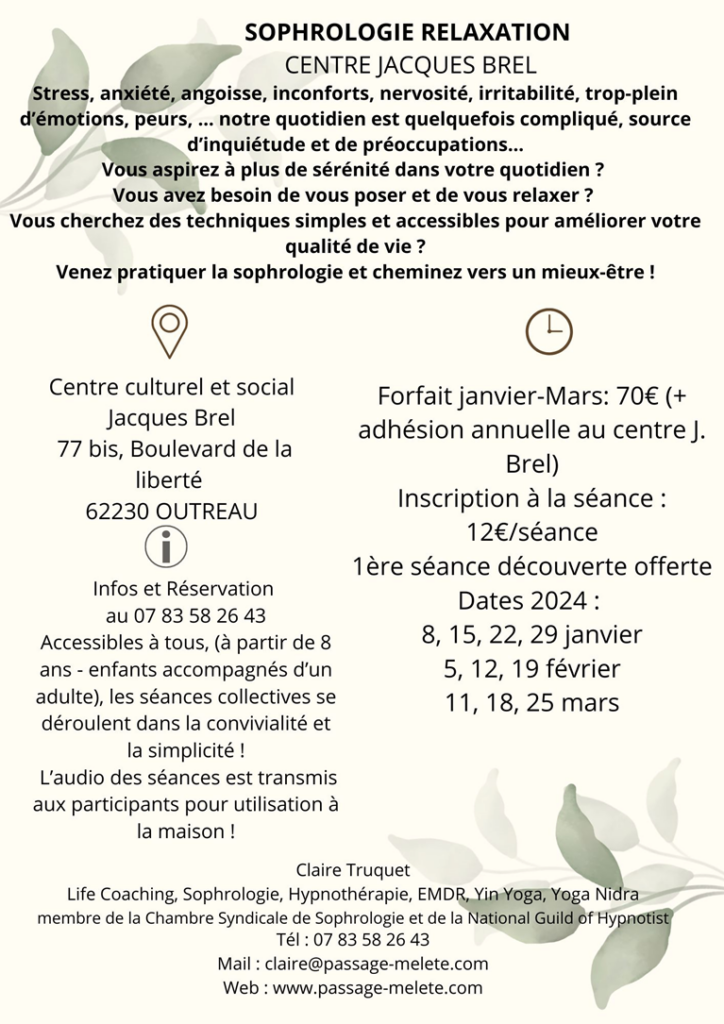 Sophrologie Relaxation en groupe à Outreau - Janvier Mars 2024
